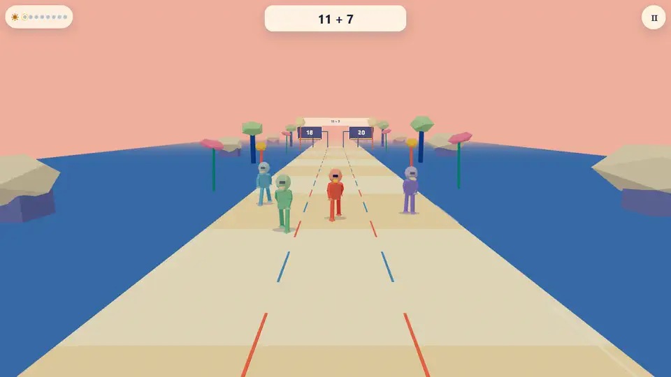 Stick figures running toward large answer lanes in Stick Learning Runner